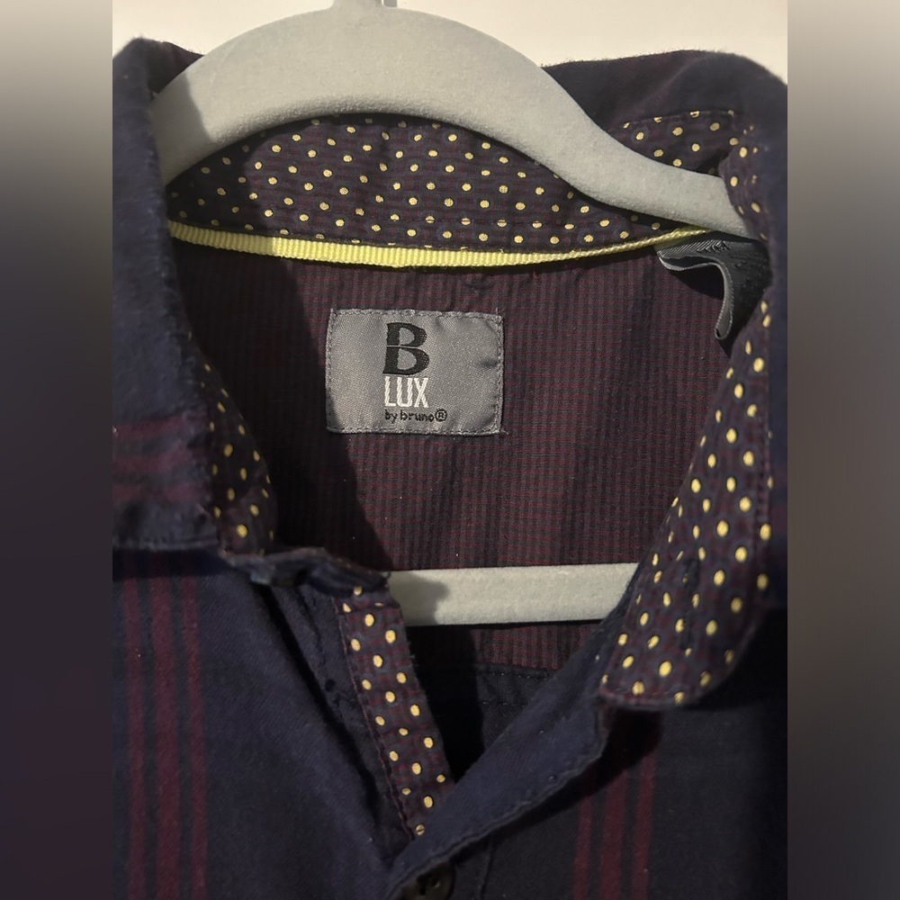 Lux by Bruno Men's Medium Button Down Plaid Flannel Shirt Navy Burgundy - Picture 3 of 5